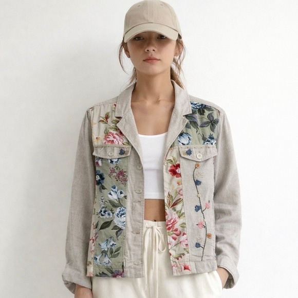 White Stag Jackets & Blazers - Vintage Boho Linen Blend Floral Patchwork Jacket Sz L Natural Cottagecore Artsy